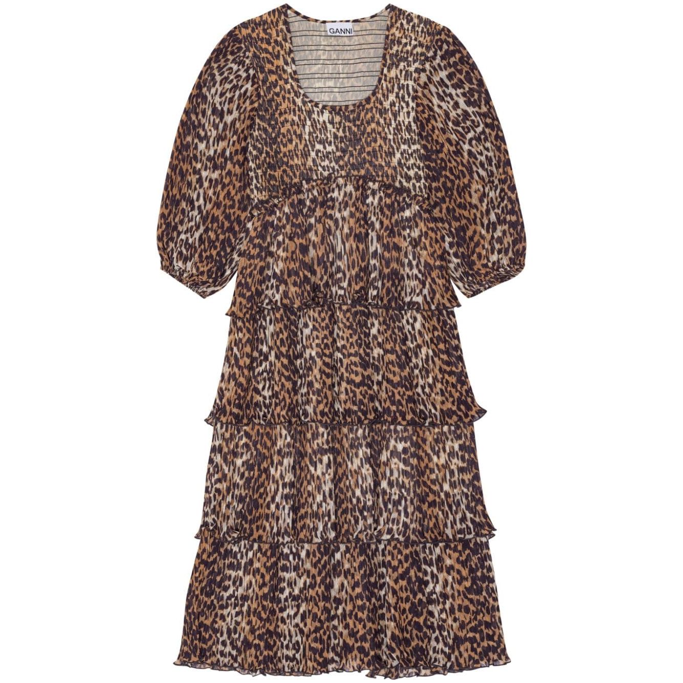 Ganni Leopard Pleated Georgette Flounce Smock Midi Dress F8830859