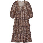 Ganni Leopard Pleated Georgette Flounce Smock Midi Dress F8830859