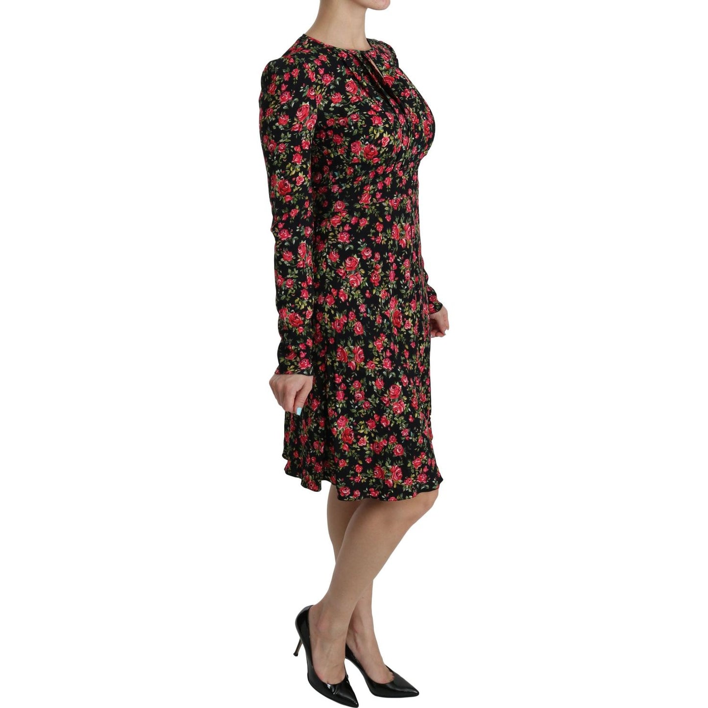 Dolce & Gabbana Black Floral Longsleeve Knee Length Dress DR2088-38