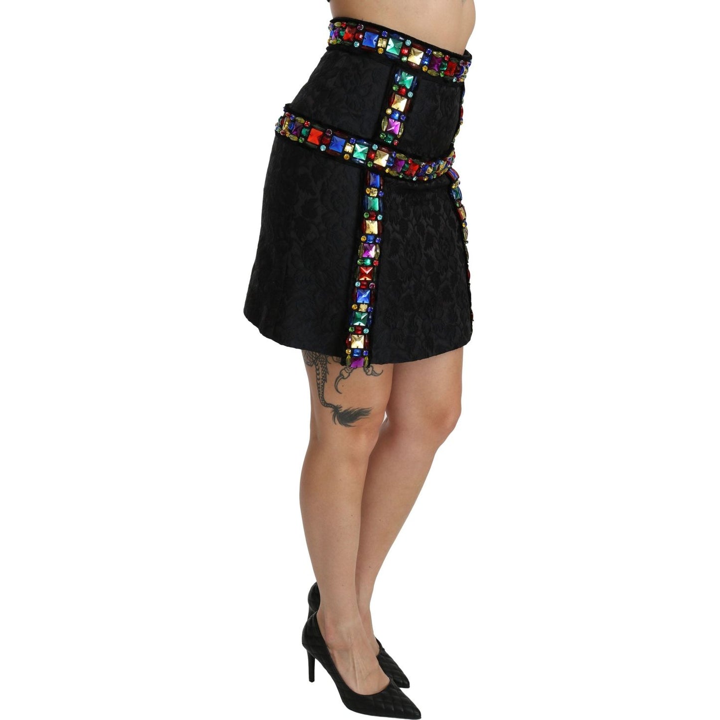 Dolce & Gabbana Black Crystal Embellished High Waist Skirt SKI1357-38
