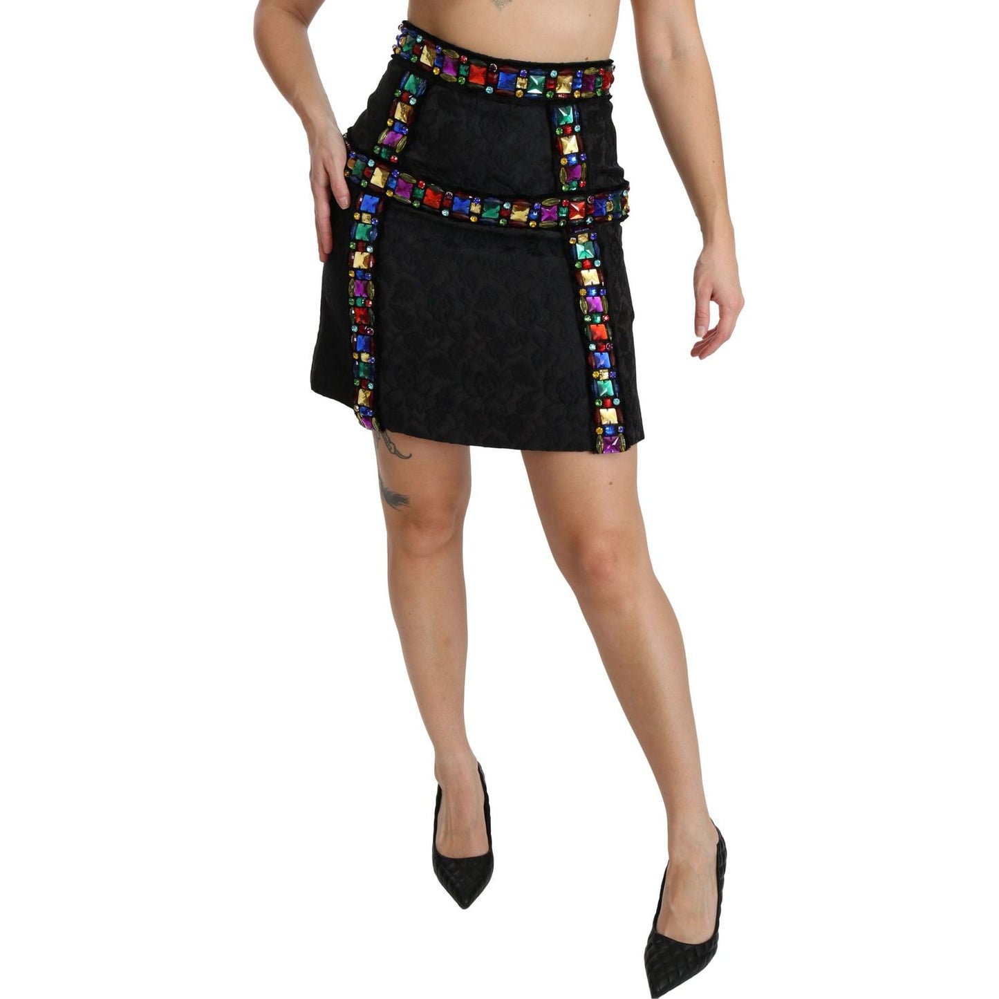 Dolce & Gabbana Black Crystal Embellished High Waist Skirt SKI1357-38