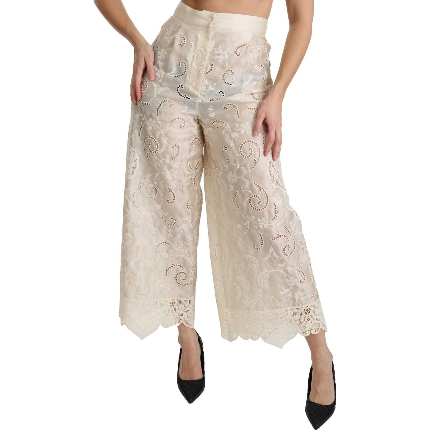 Dolce & Gabbana Cream Lace High Waist Palazzo Cropped Pants PAN70873-44