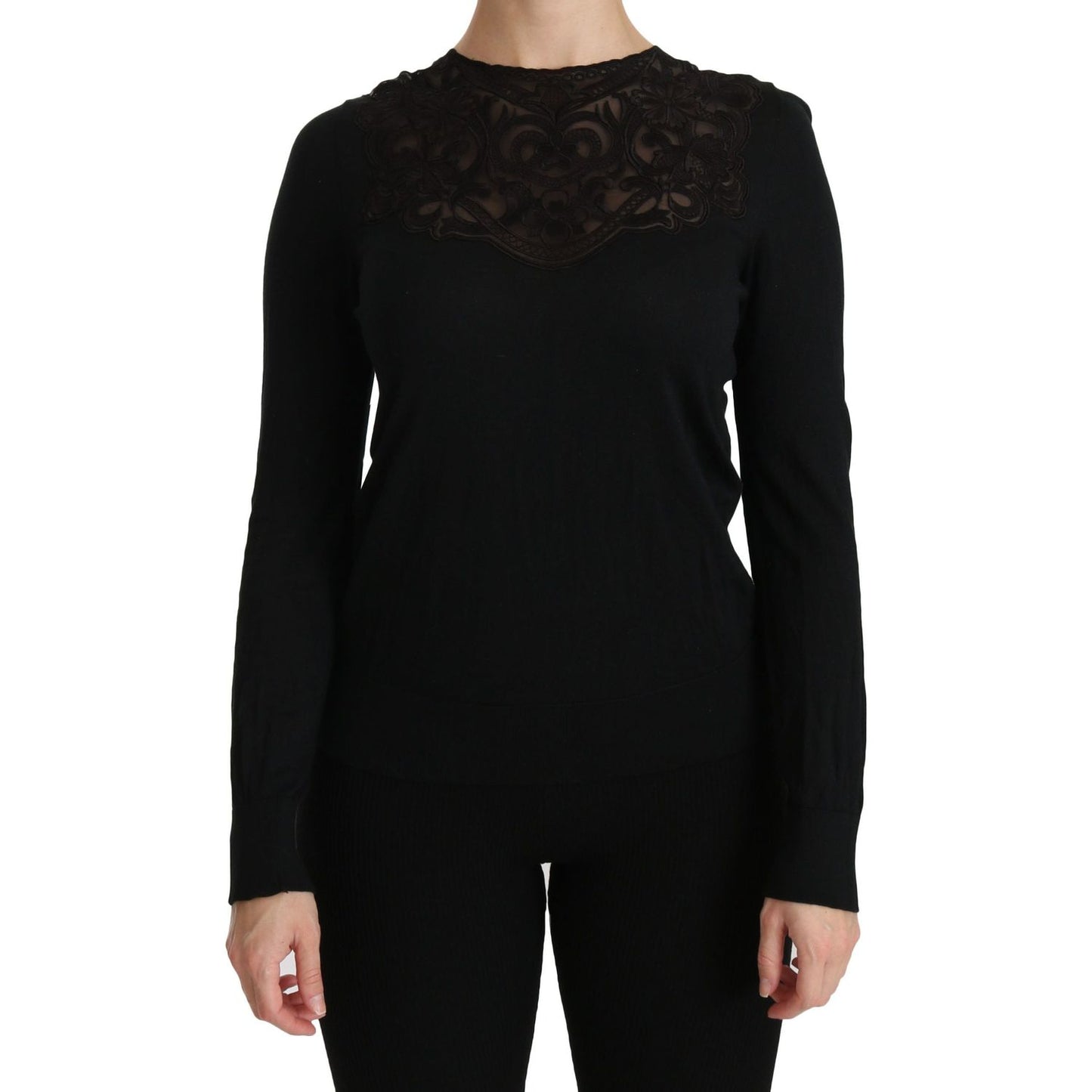 Dolce & Gabbana Black Silk Lace Crew Neck Long Sleeve Blouse TSH4245-40