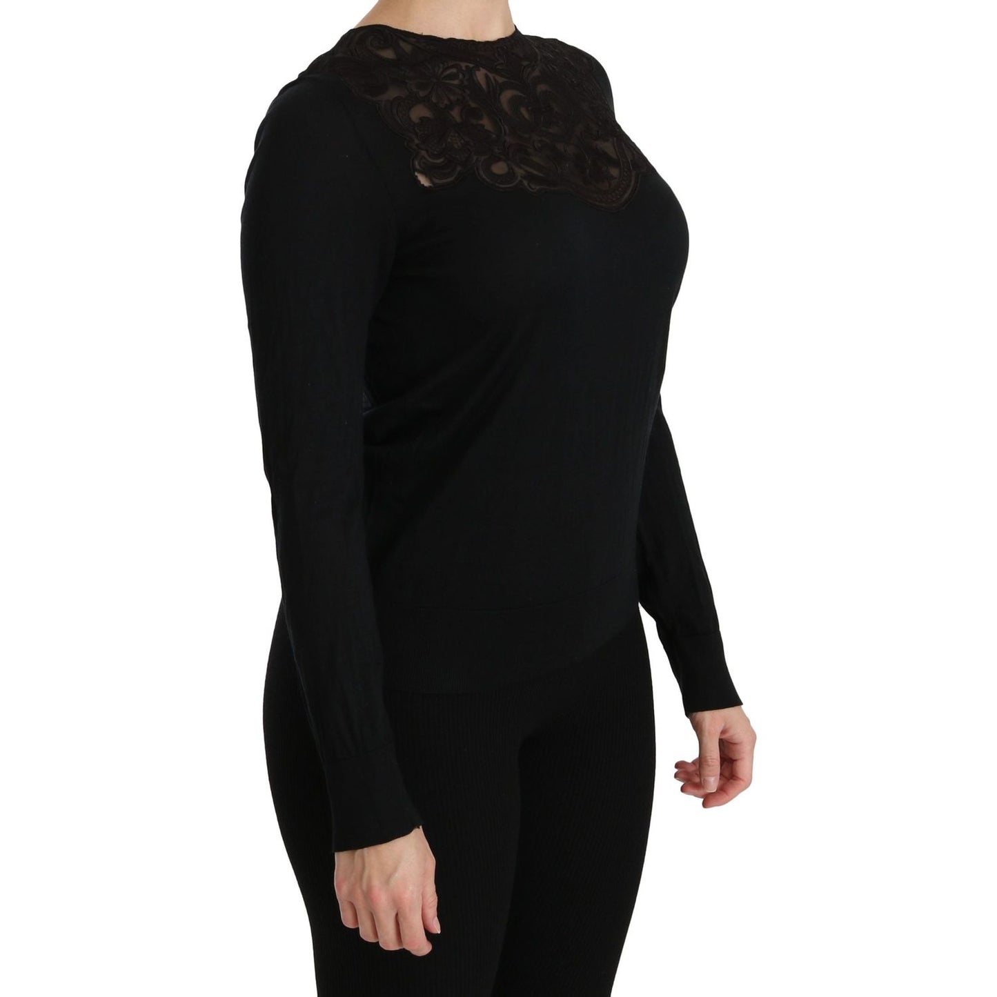 Dolce & Gabbana Black Silk Lace Crew Neck Long Sleeve Blouse TSH4245-40