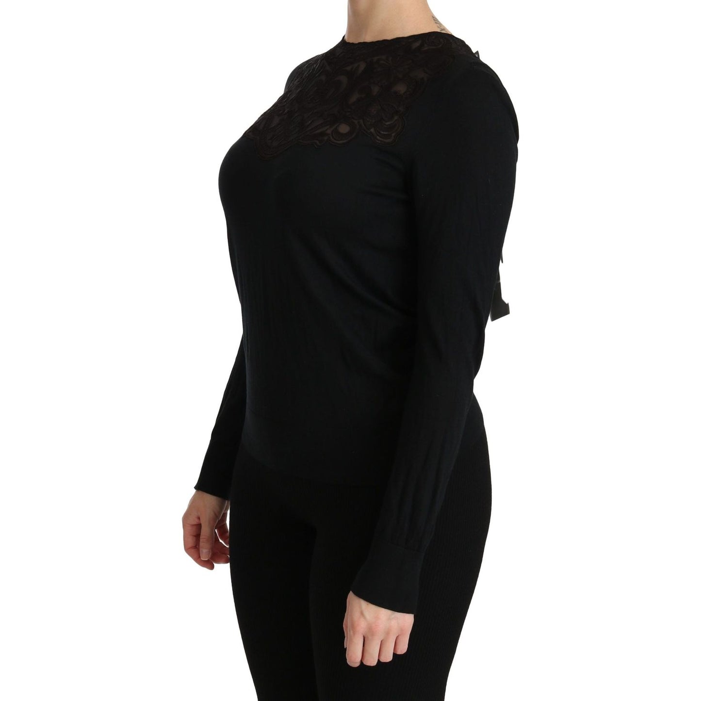 Dolce & Gabbana Black Silk Lace Crew Neck Long Sleeve Blouse TSH4245-40