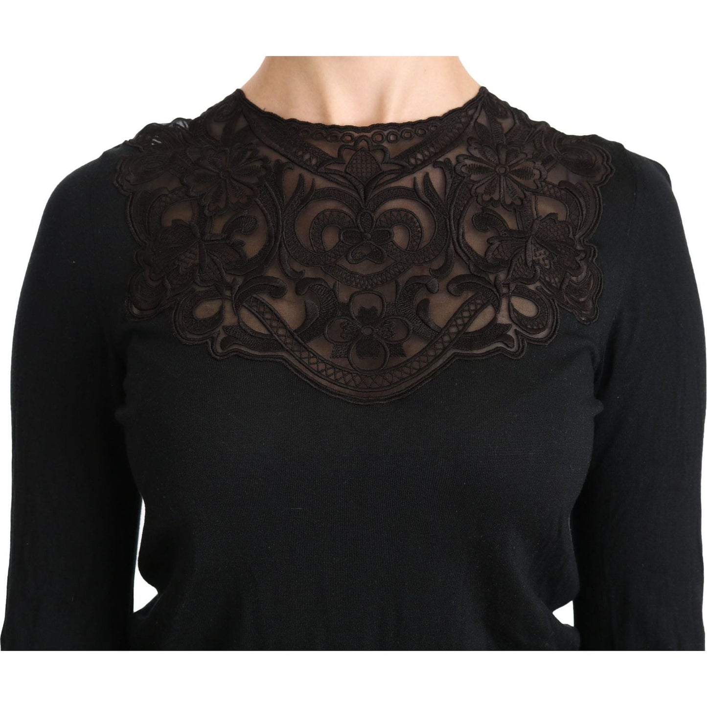 Dolce & Gabbana Black Silk Lace Crew Neck Long Sleeve Blouse TSH4245-40