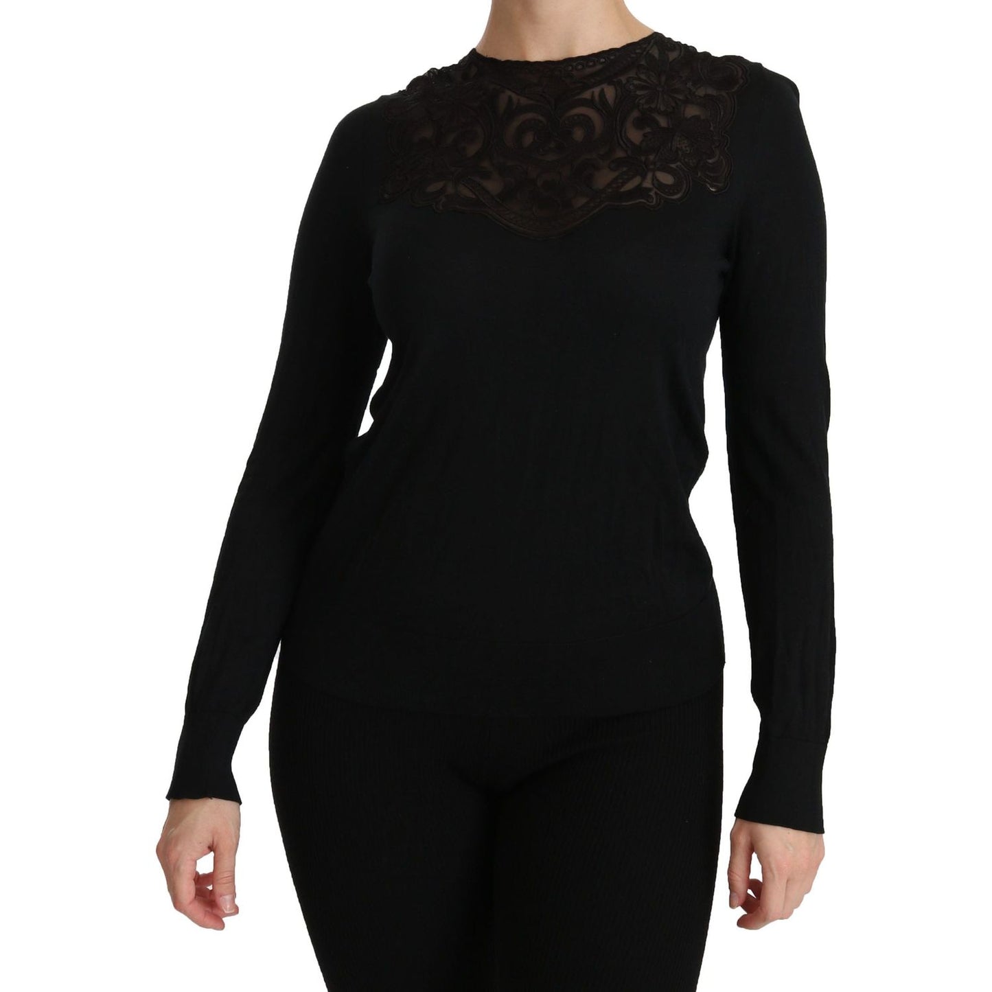 Dolce & Gabbana Black Silk Lace Crew Neck Long Sleeve Blouse TSH4245-40