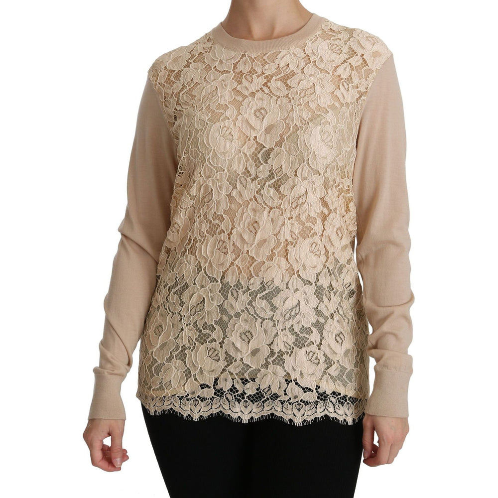 Dolce & Gabbana Beige Lace Long Sleeve Top Cashmere Blouse TSH4250-38