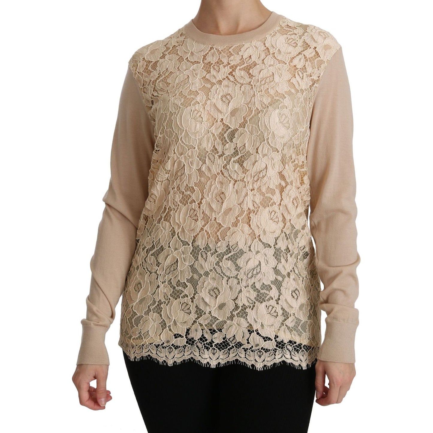 Dolce & Gabbana Beige Lace Long Sleeve Top Cashmere Blouse TSH4250-38