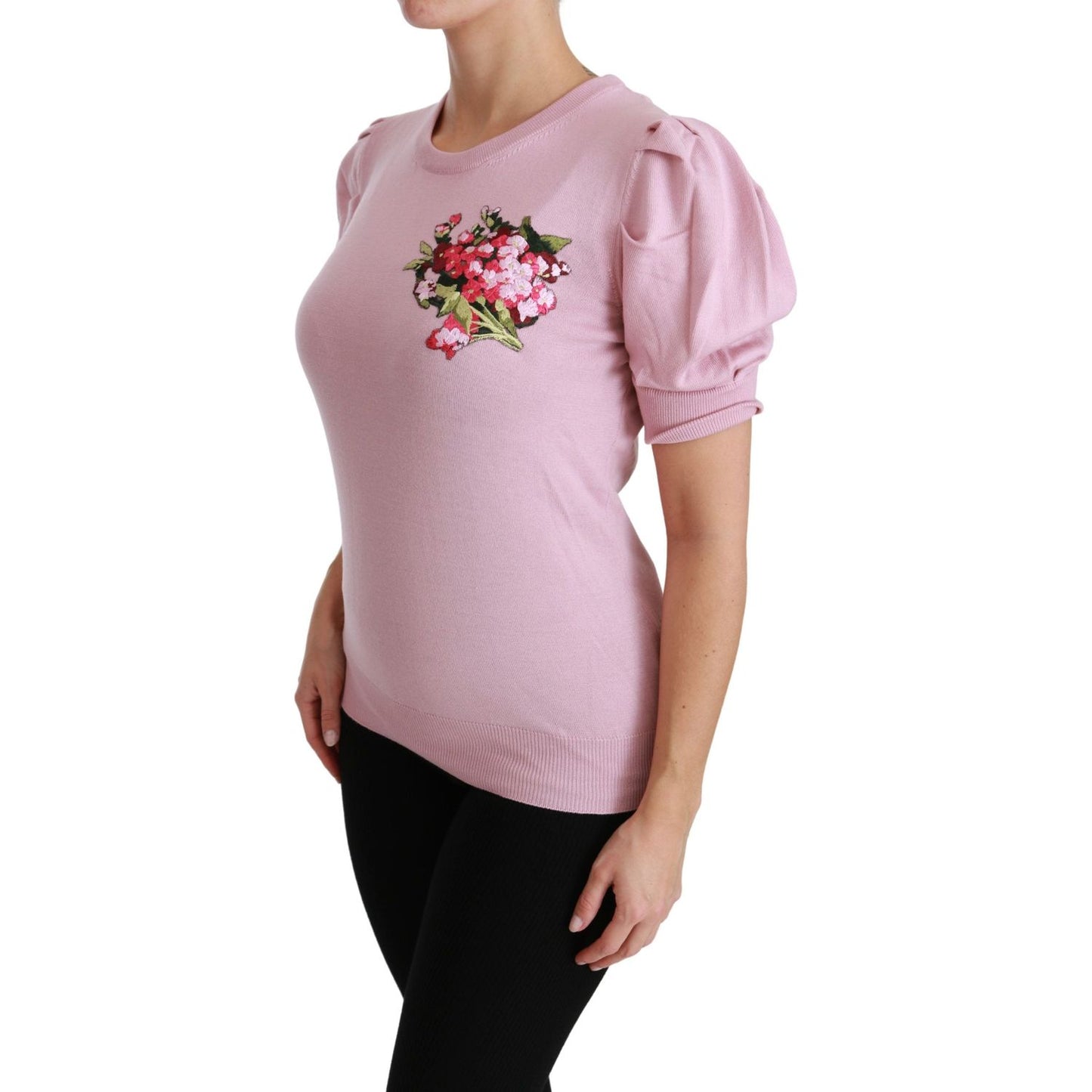 Dolce & Gabbana Pink Floral Embroidered Blouse Wool Top TSH4457-46