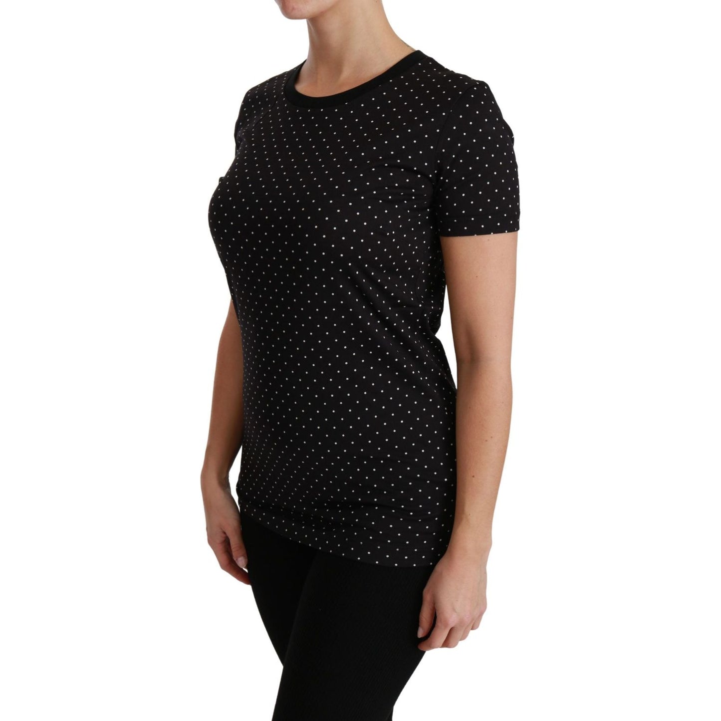 Dolce & Gabbana Black Dotted Crewneck Cotton Top T-shirt TSH4434-36