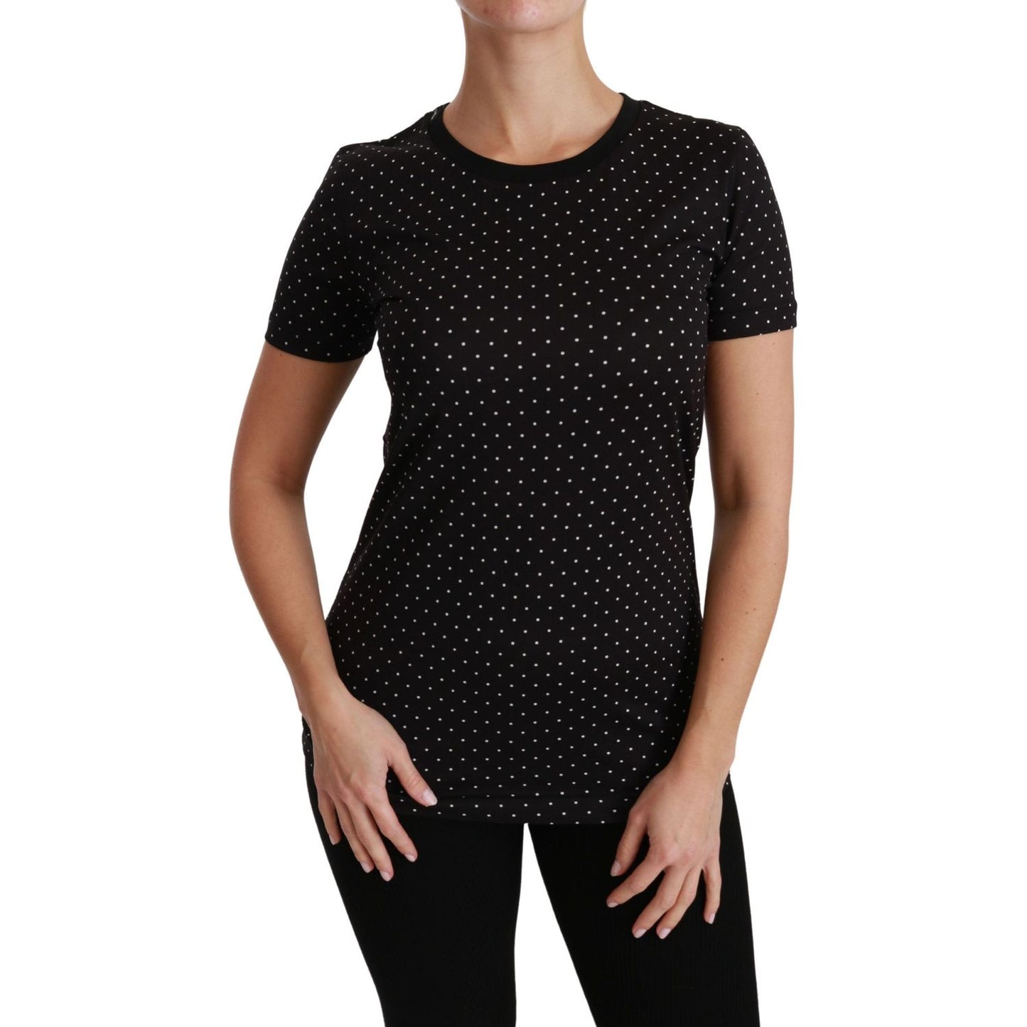 Dolce & Gabbana Black Dotted Crewneck Cotton Top T-shirt TSH4434-36