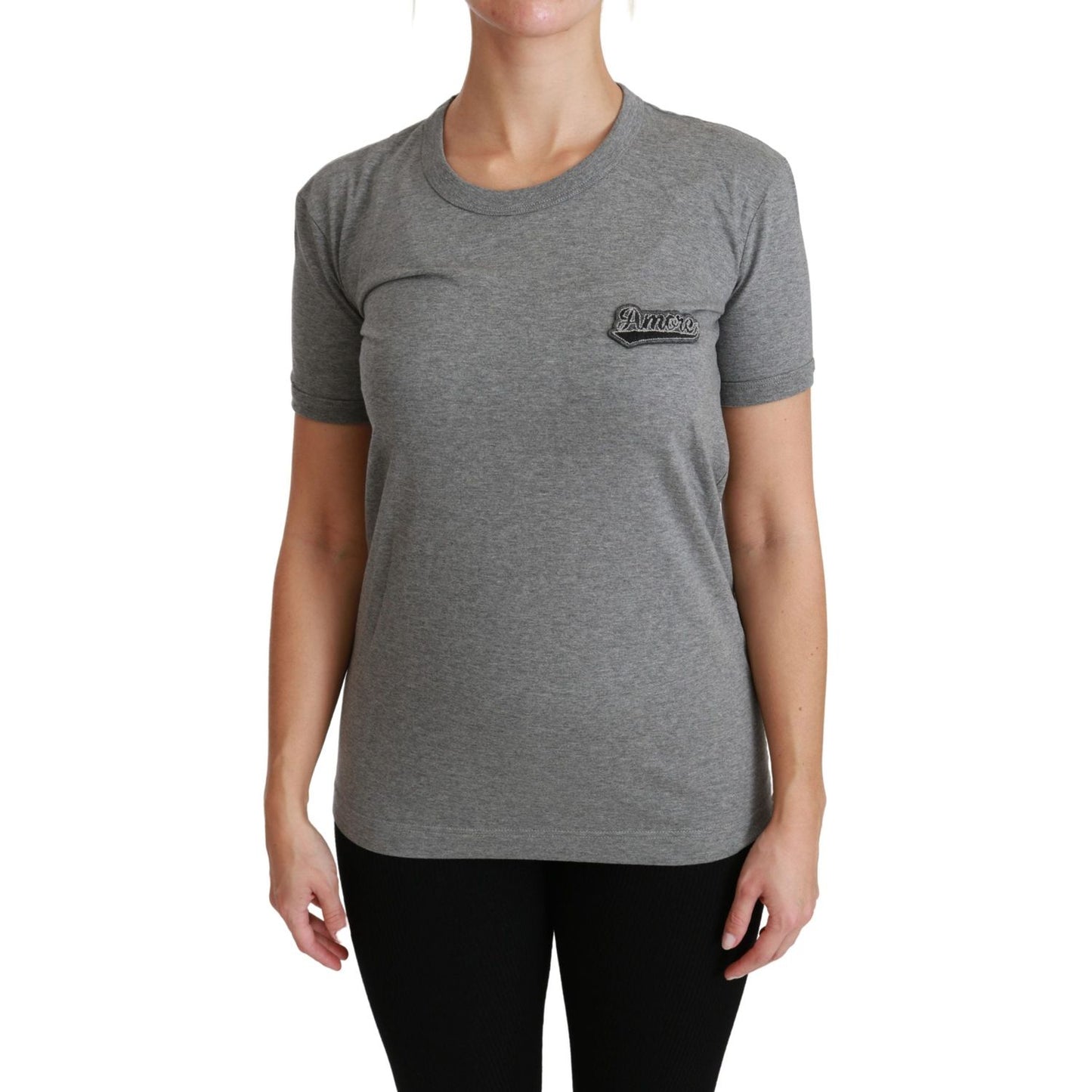 Dolce & Gabbana Gray Crewneck Amore Patch Cotton Top T-shirt TSH4467-36