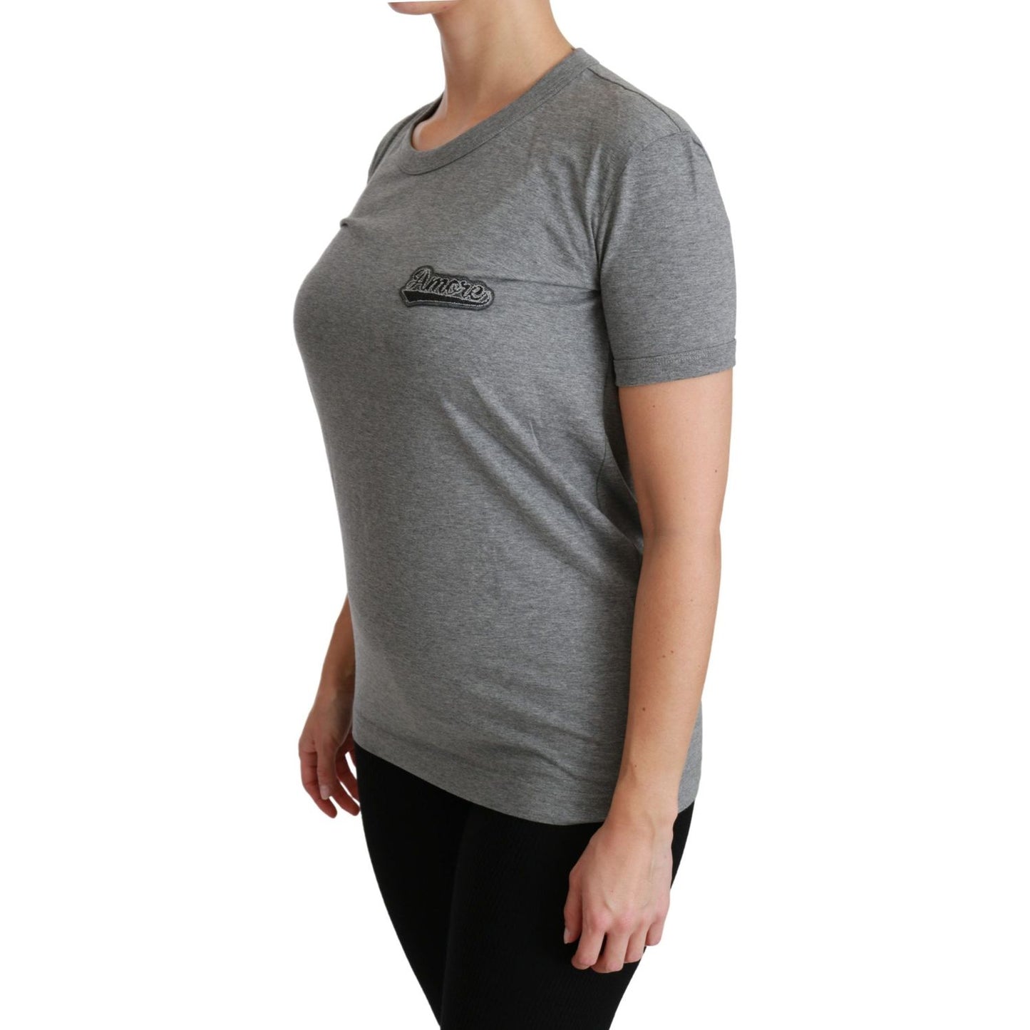 Dolce & Gabbana Gray Crewneck Amore Patch Cotton Top T-shirt TSH4467-36