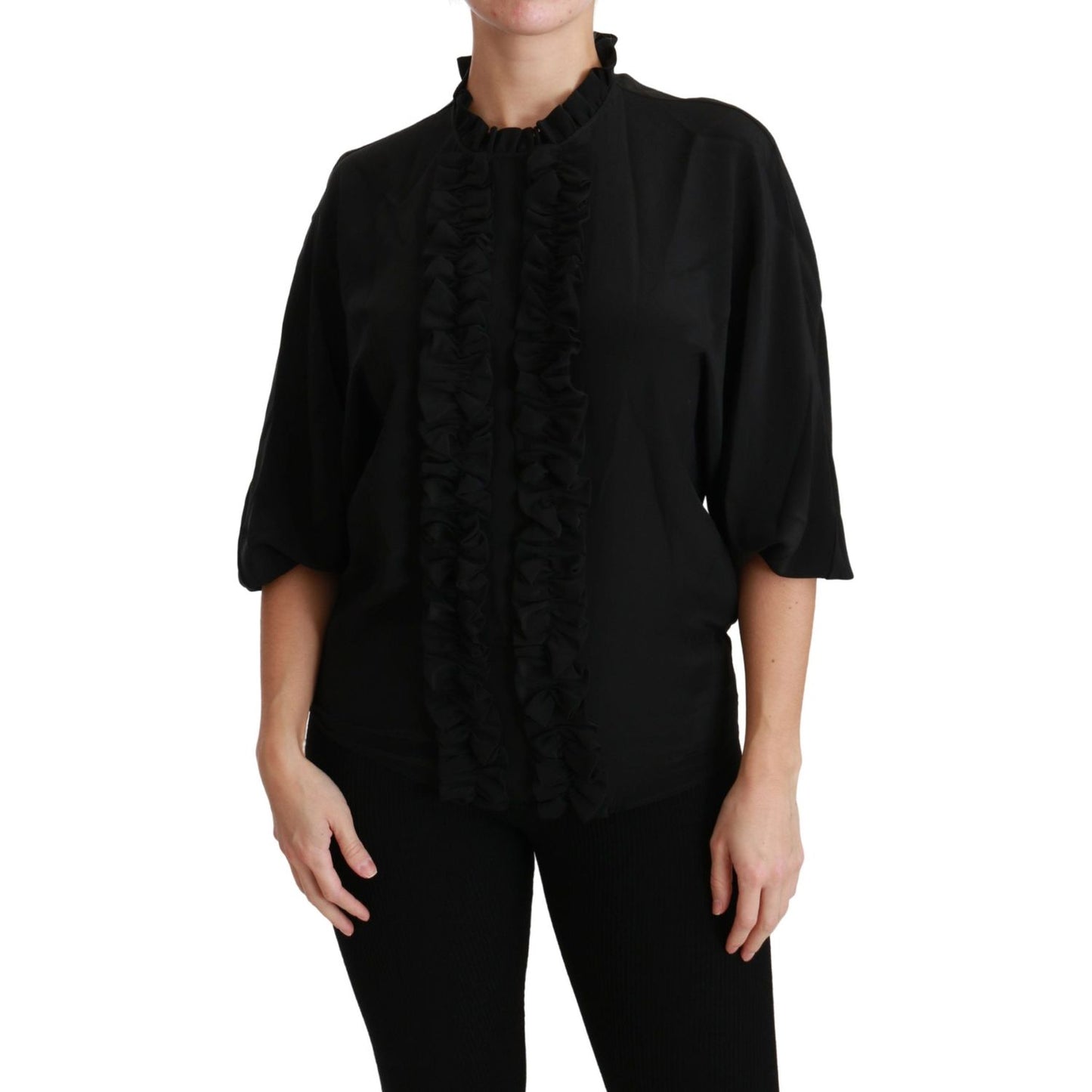 Dolce & Gabbana Black Silk Shirt Ruffled Top Blouse TSH4462-36