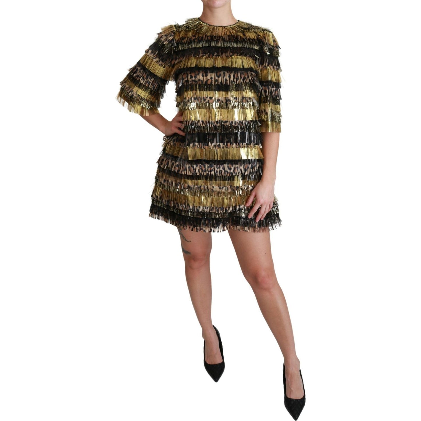 Dolce & Gabbana Polyester Black Gold Leopard Shift Mini Dress DR2508-40