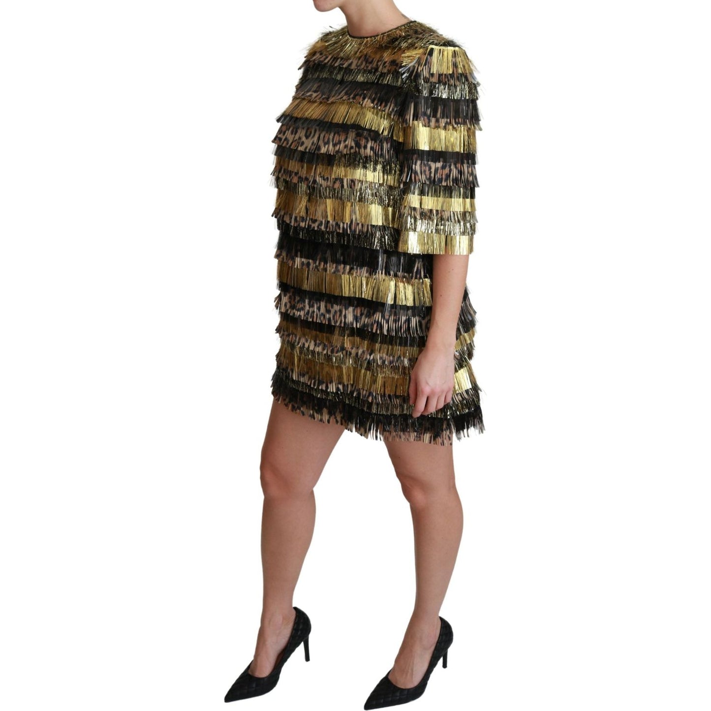 Dolce & Gabbana Polyester Black Gold Leopard Shift Mini Dress DR2508-40
