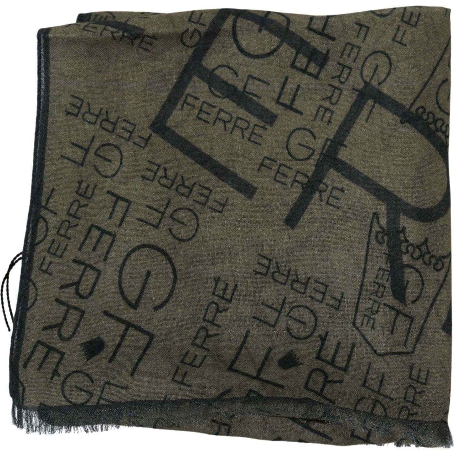 GF Ferre Green Wool Viscose Foulard Patterned Branded Scarf MS1653