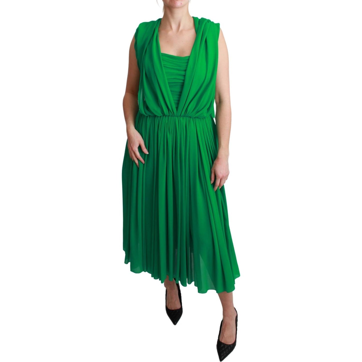 Dolce & Gabbana 100% Silk Green Sleeveless Pleated Maxi Dress DR2557-40