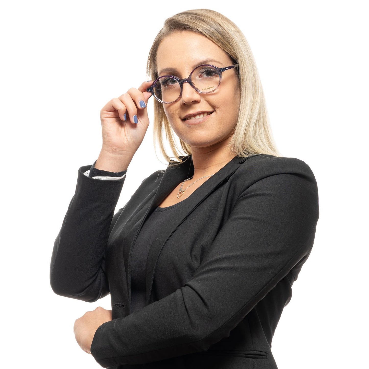 Woman wearing Emilio Pucci Purple Plastic Glasses (Frames) with a full-rim style and black blazer