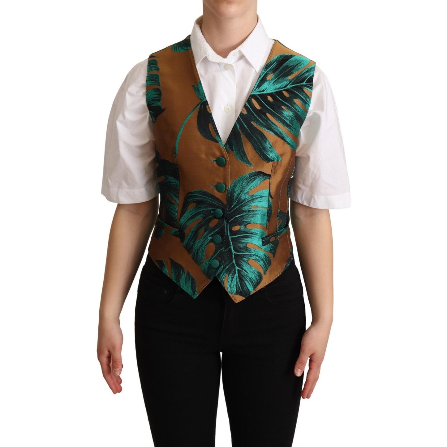 Dolce & Gabbana Green Jacquard Leaf Gold Waistcoat Vest TSH6000 -40