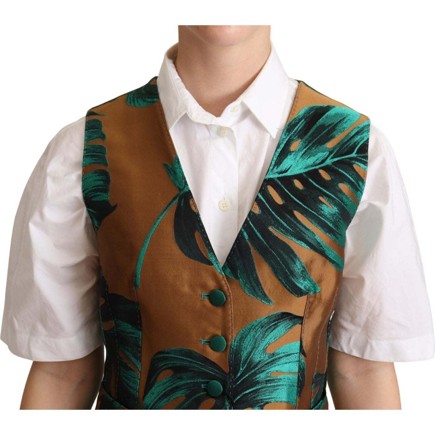 Dolce & Gabbana Green Jacquard Leaf Gold Waistcoat Vest TSH6000 -40