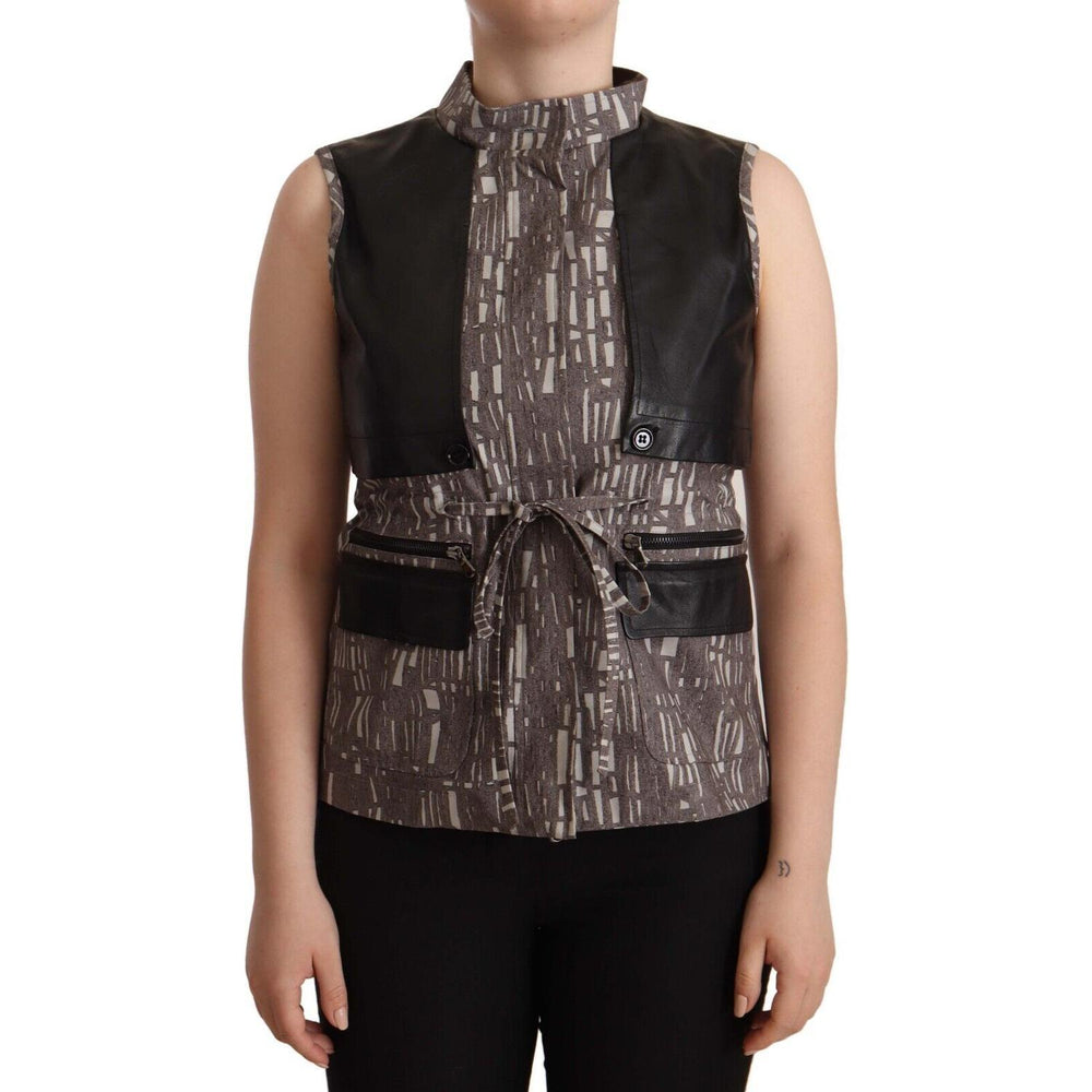 Comeforbreakfast Brown Black Vest Leather Sleeveless Top Blouse TSH7442 - 40