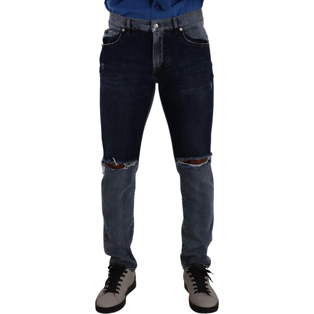 Dolce & Gabbana Blue Two Tone Tattered Cotton Slim Denim Jeans PAN72891 - 48