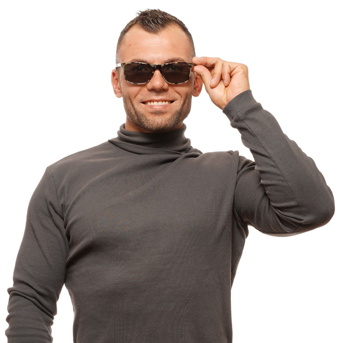 Man wearing Gant Brown Unisex Sunglasses with full-rim plastic frame and green lenses, showcasing stylish eyewear.