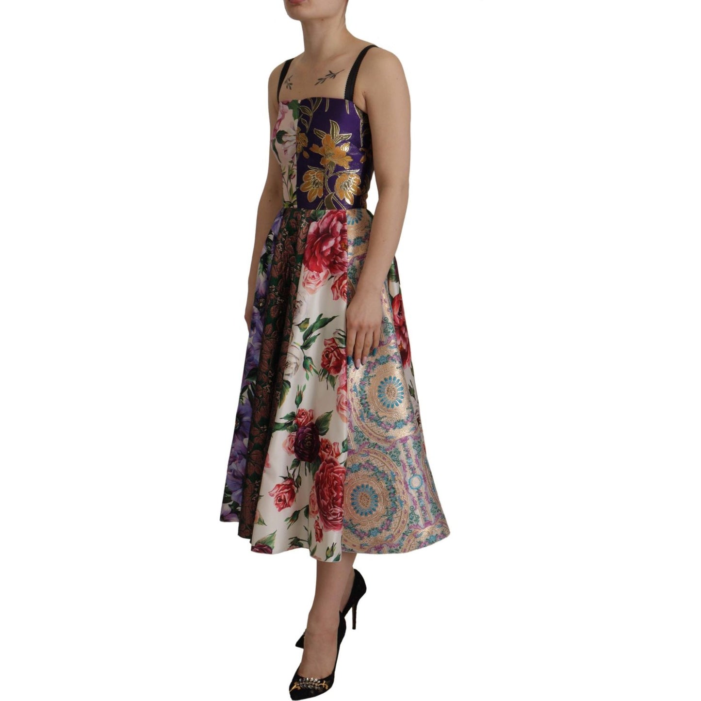 Dolce & Gabbana Dress Midi Patchwork Floral Jaquard Silk DR28704- 36