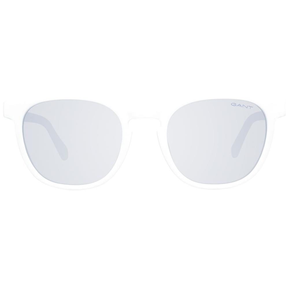 Gant white round men's sunglasses with plastic frame, grey mirrored gradient lenses, half-rim style, includes branded case.