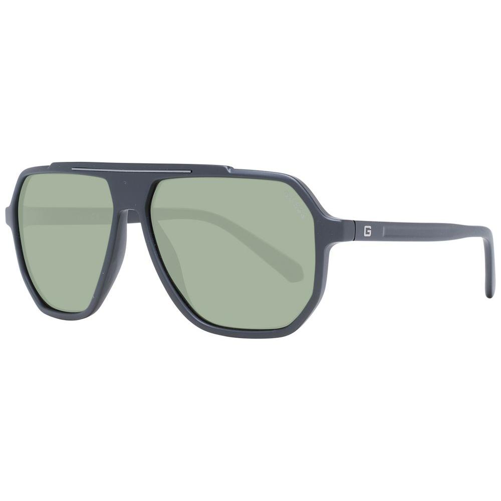 Guess Black men's aviator sunglasses with green lenses, full-rim plastic frame for UVA & UVB protection, includes branded case.