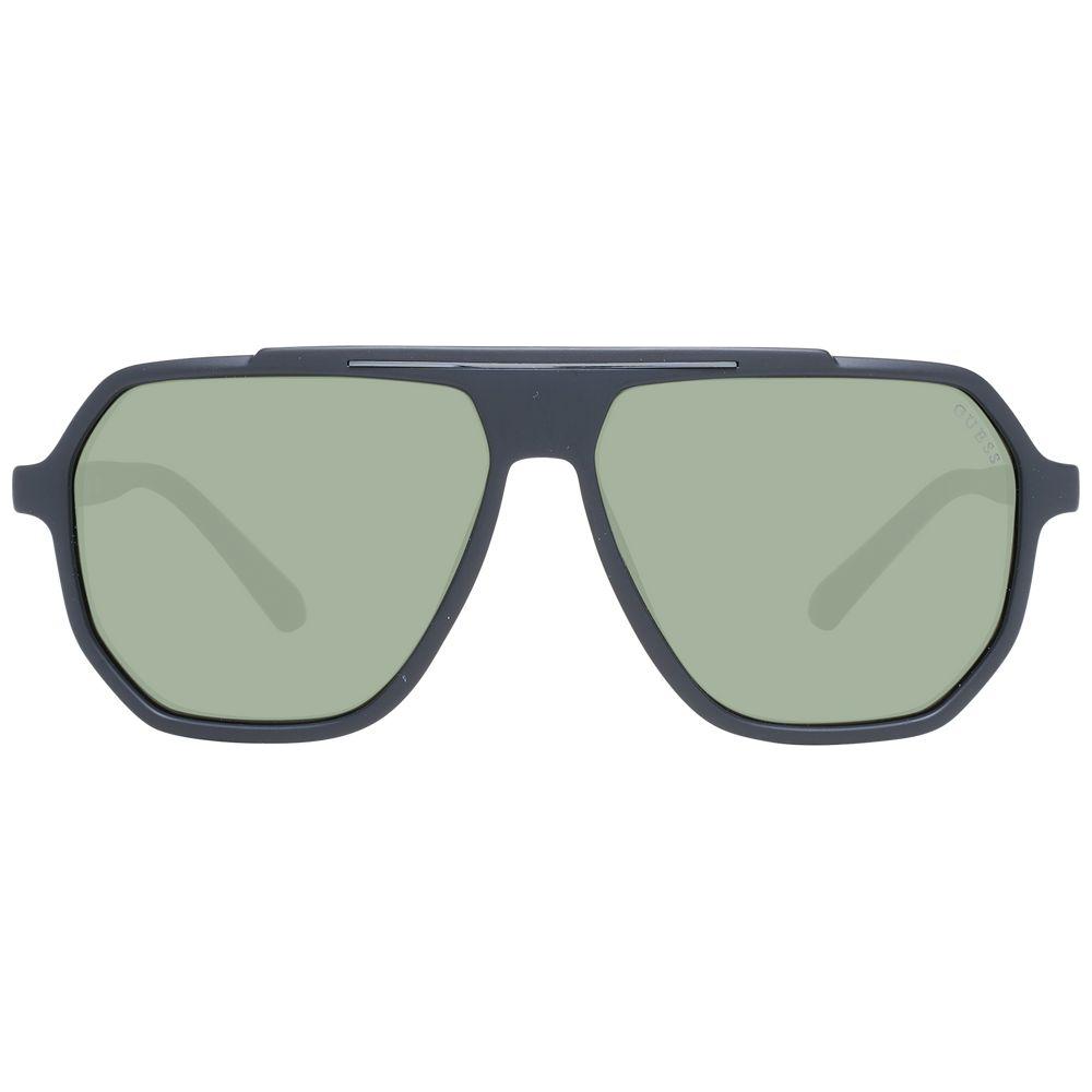 Guess Black Men Sunglasses with green lenses, plastic aviator frame, full-rim style, 100% UVA & UVB protection, includes branded case.