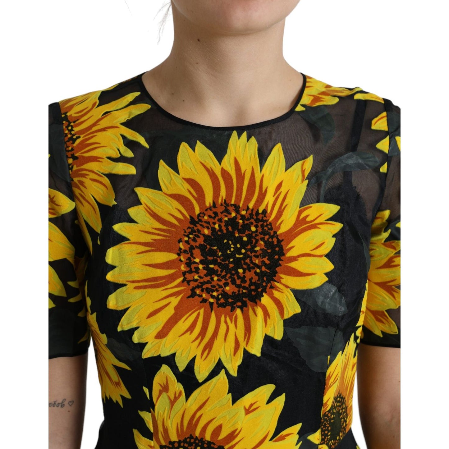 Dolce & Gabbana Black Sunflower Print Nylon A-line Midi Dress DR28941-42