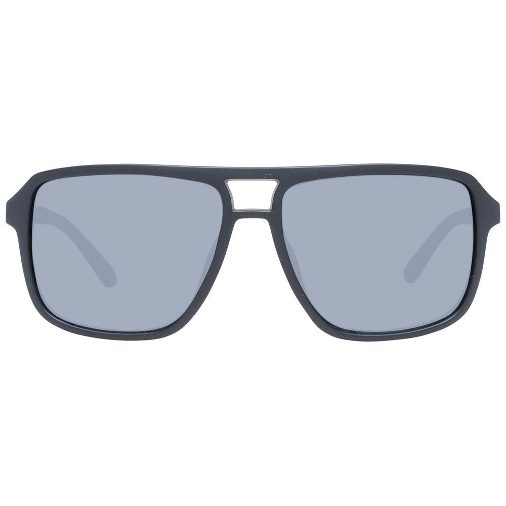 Guess aviator sunglasses for men, black plastic frame with blue lenses, full-rim style, UV protection, includes branded case.