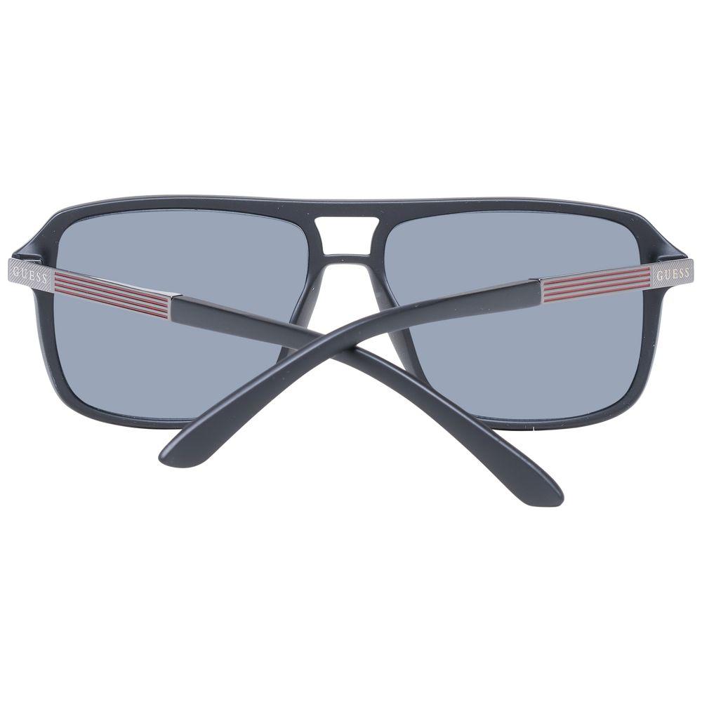 Guess black men sunglasses with blue lenses, plastic frame, full-rim aviator style, includes branded case, 100% UVA & UVB protection.