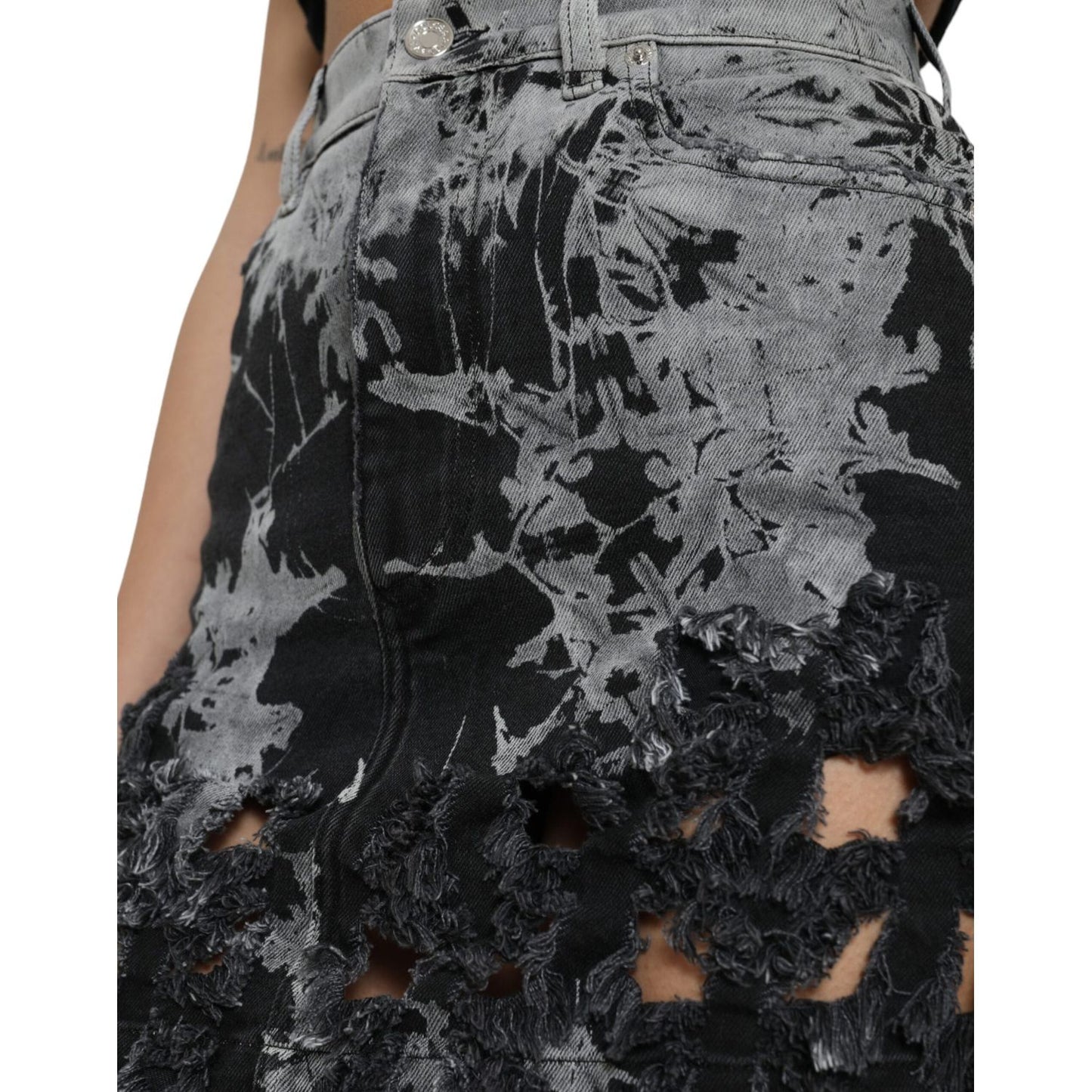 Dolce & Gabbana Black Gray Lace Cotton High Waist Denim Mini Skirt SKI1943-40