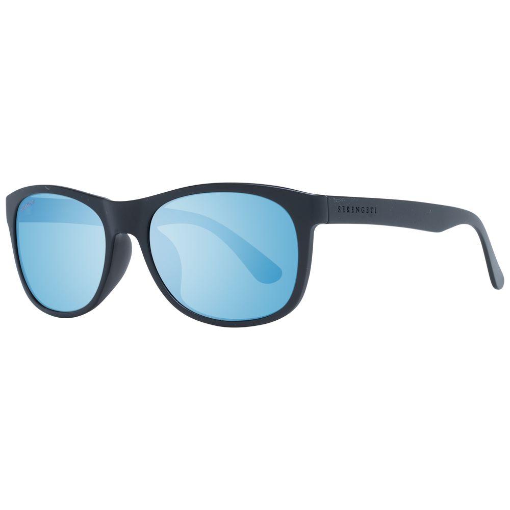 Serengeti black unisex sunglasses with blue mirrored lenses, full-rim plastic frame, rectangle style, providing 100% UVA & UVB protection.