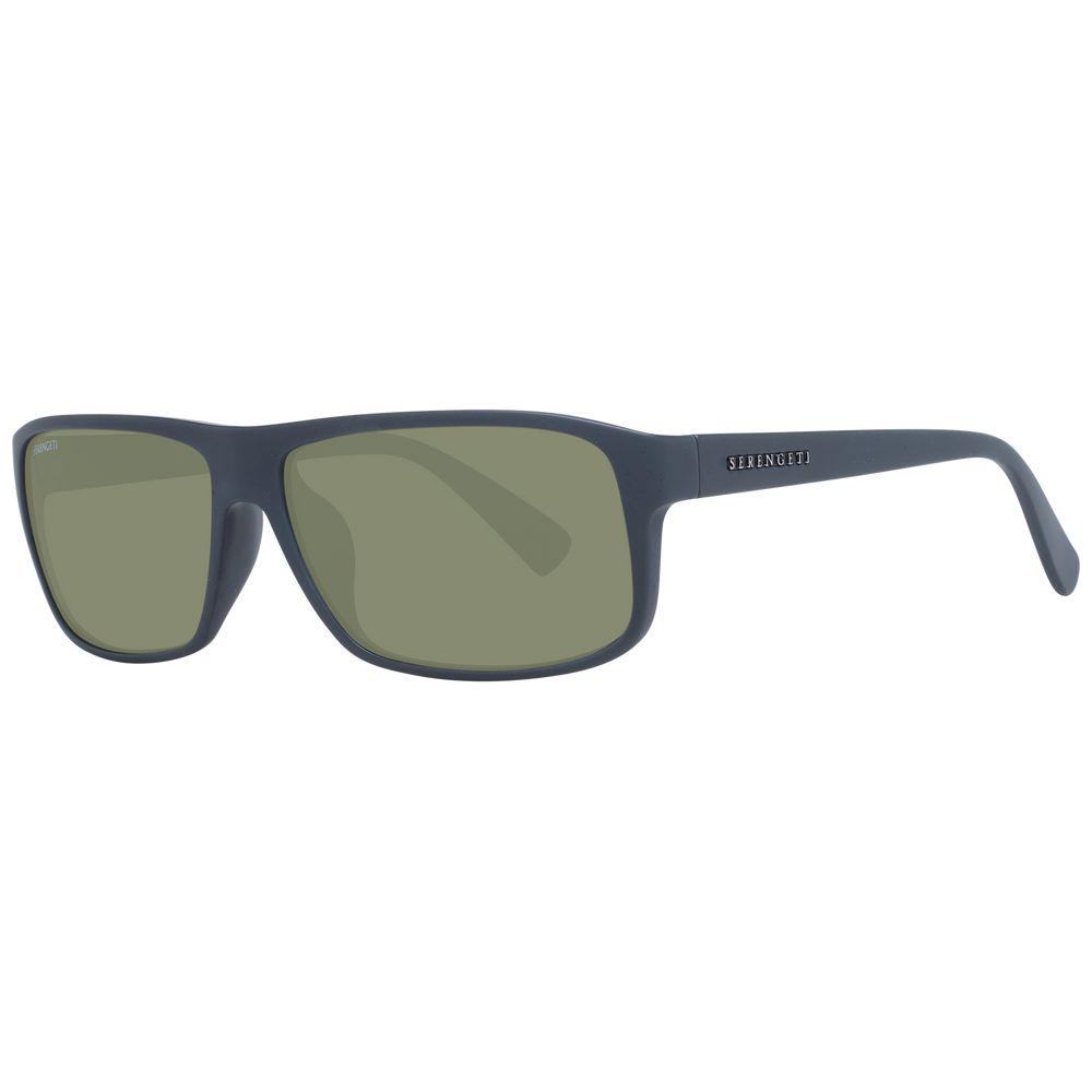 Serengeti Gray Unisex Sunglasses with polarized green lenses, full-rim plastic frame, and 100% UVA/UVB protection, rectangle style.