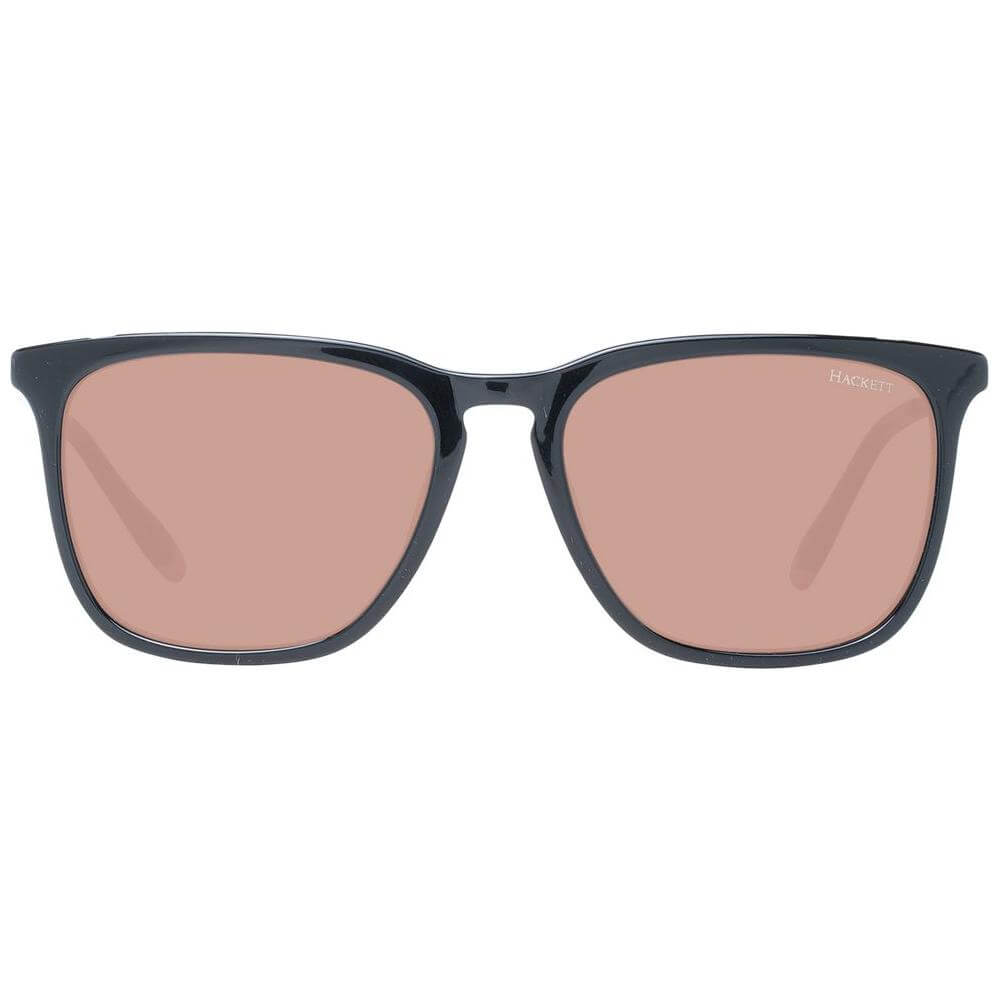 Hackett black acetate men's sunglasses with brown plastic lenses, square full-rim style, 100% UVA & UVB protection, size 54-17-145.