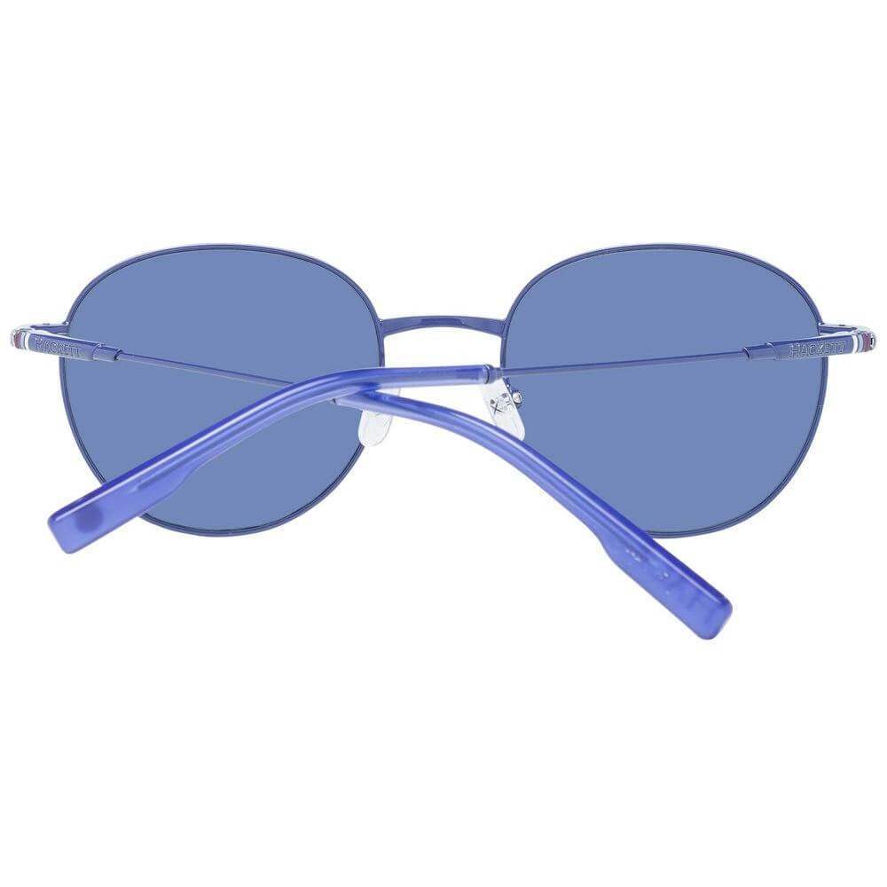 Blue round men's sunglasses with metal frame, plastic lenses, and complete UVA/UVB protection. Includes branded case, style 51-19-145.