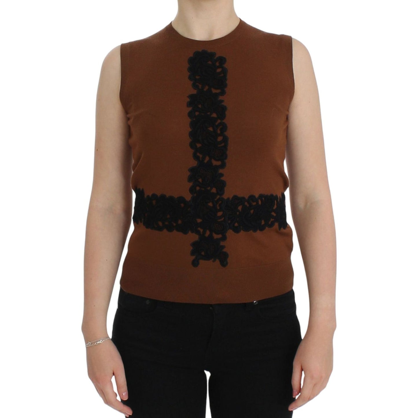 Dolce & Gabbana Brown Wool Black Lace Vest Sweater Top SIG13245-1