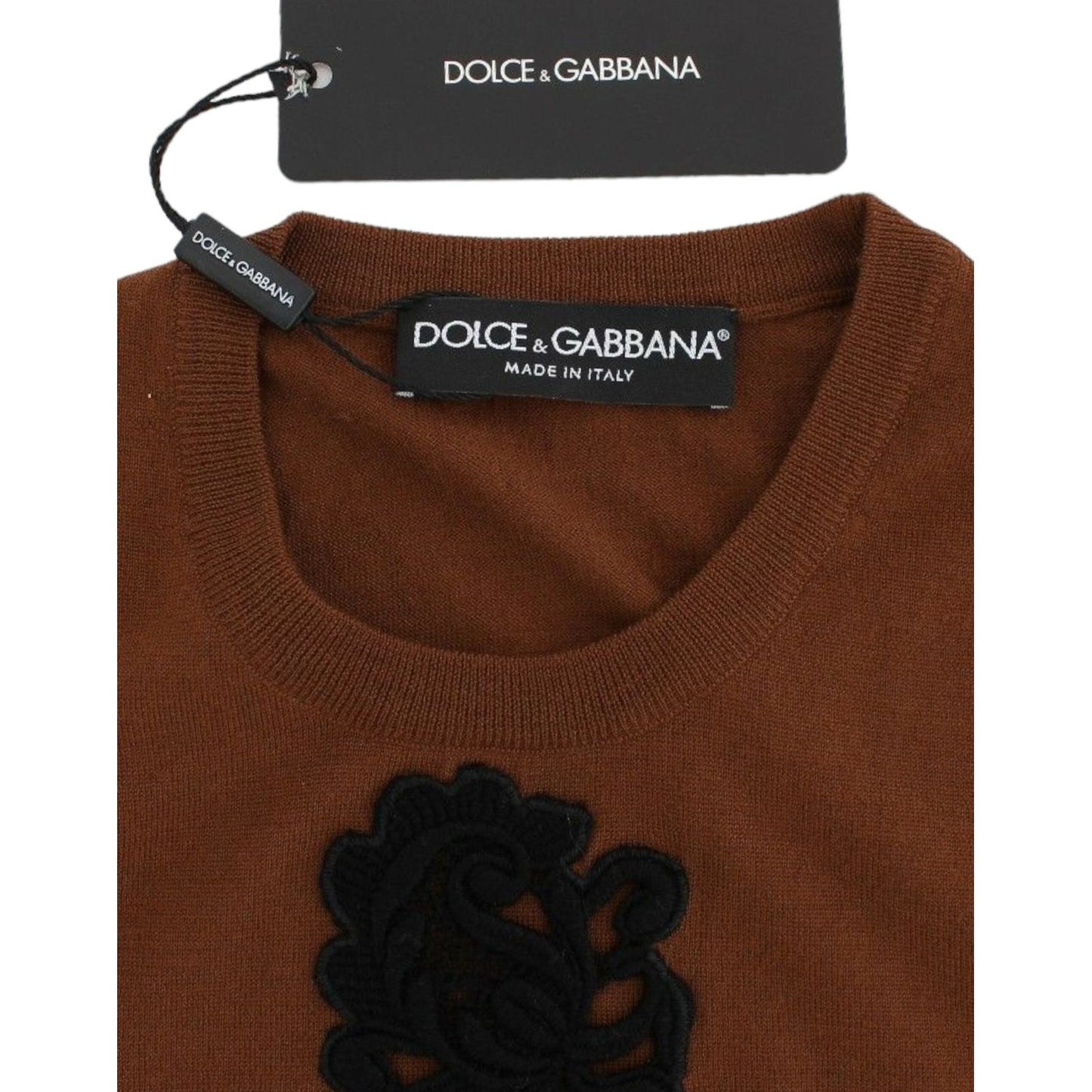 Dolce & Gabbana Brown Wool Black Lace Vest Sweater Top SIG13245-1