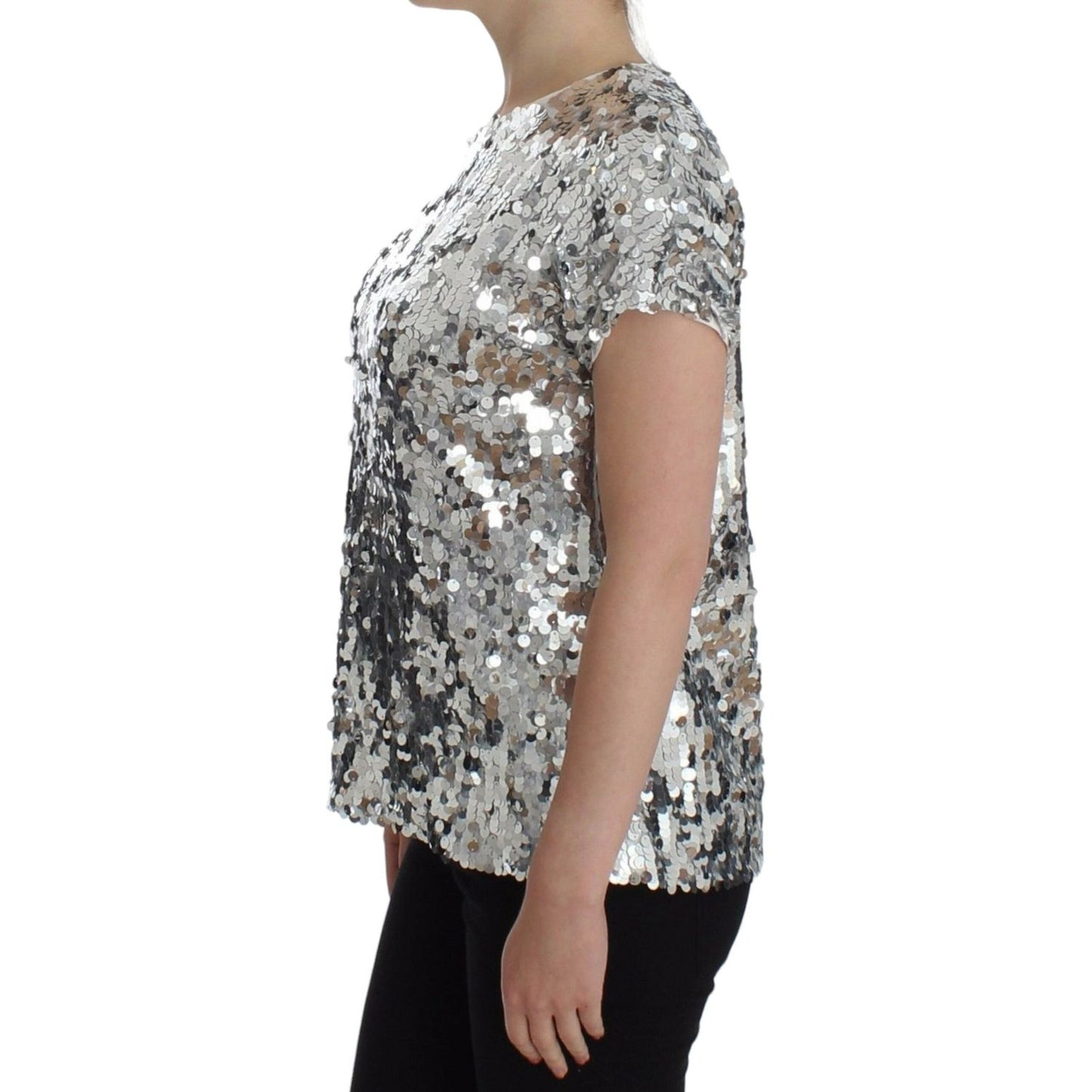 Dolce & Gabbana Silver Sequined Crewneck Blouse T-shirt Top SIG13202-2
