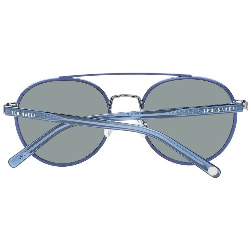 Ted Baker blue aviator sunglasses for men with green plastic lenses, full-rim blue metal frame, size 53-19-140, 100% UVA & UVB protection.