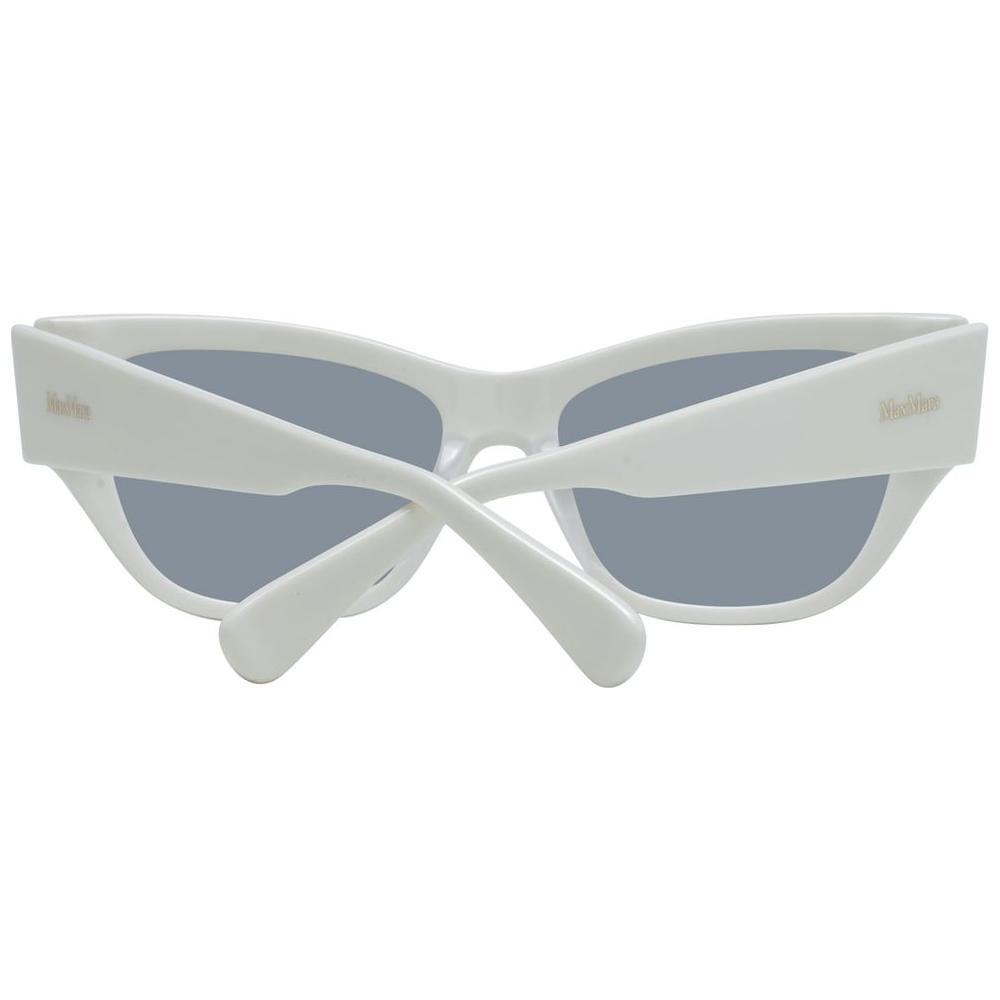 Max Mara white cat eye sunglasses, full-rim design, grey mirrored lenses, plastic frame, and 100% UV protection, includes branded case.