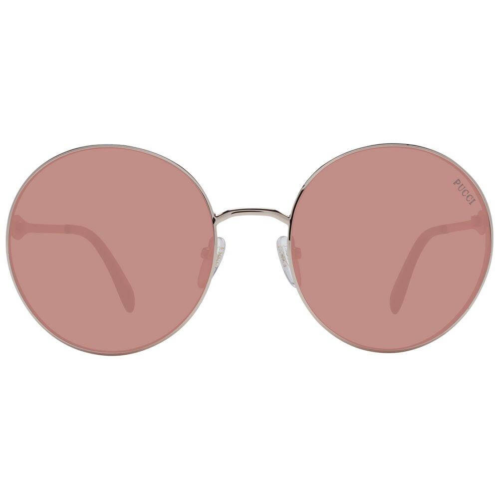 Emilio Pucci rose gold round women's sunglasses with full-rim metal frame and burgundy lenses, includes branded case, UVA & UVB protection.