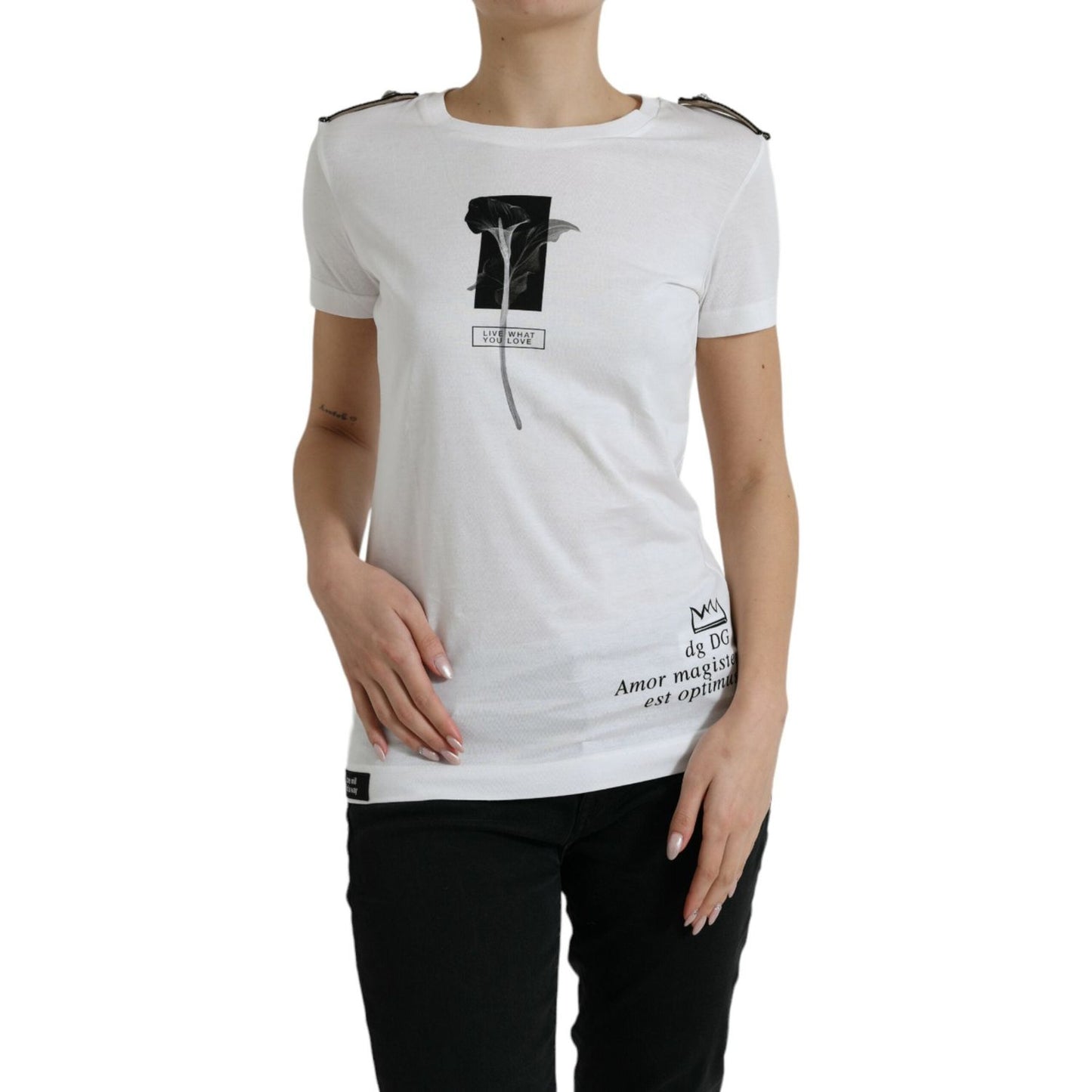 Dolce & Gabbana White Black Roses Crewneck Cotton T-shirt TSH84524-38
