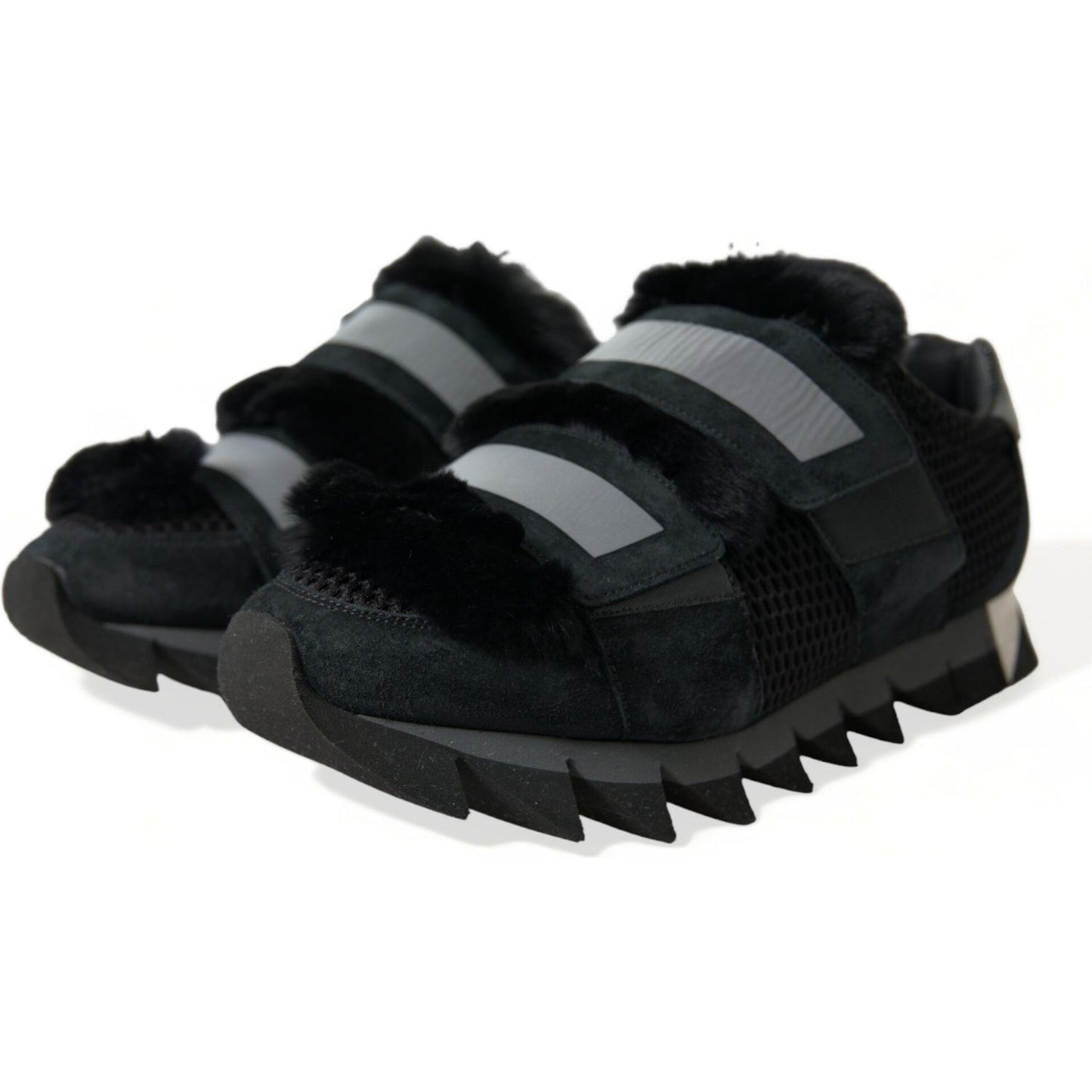 Dolce & Gabbana Black Fur Embellished Suede Sneakers Shoes MV5524-44