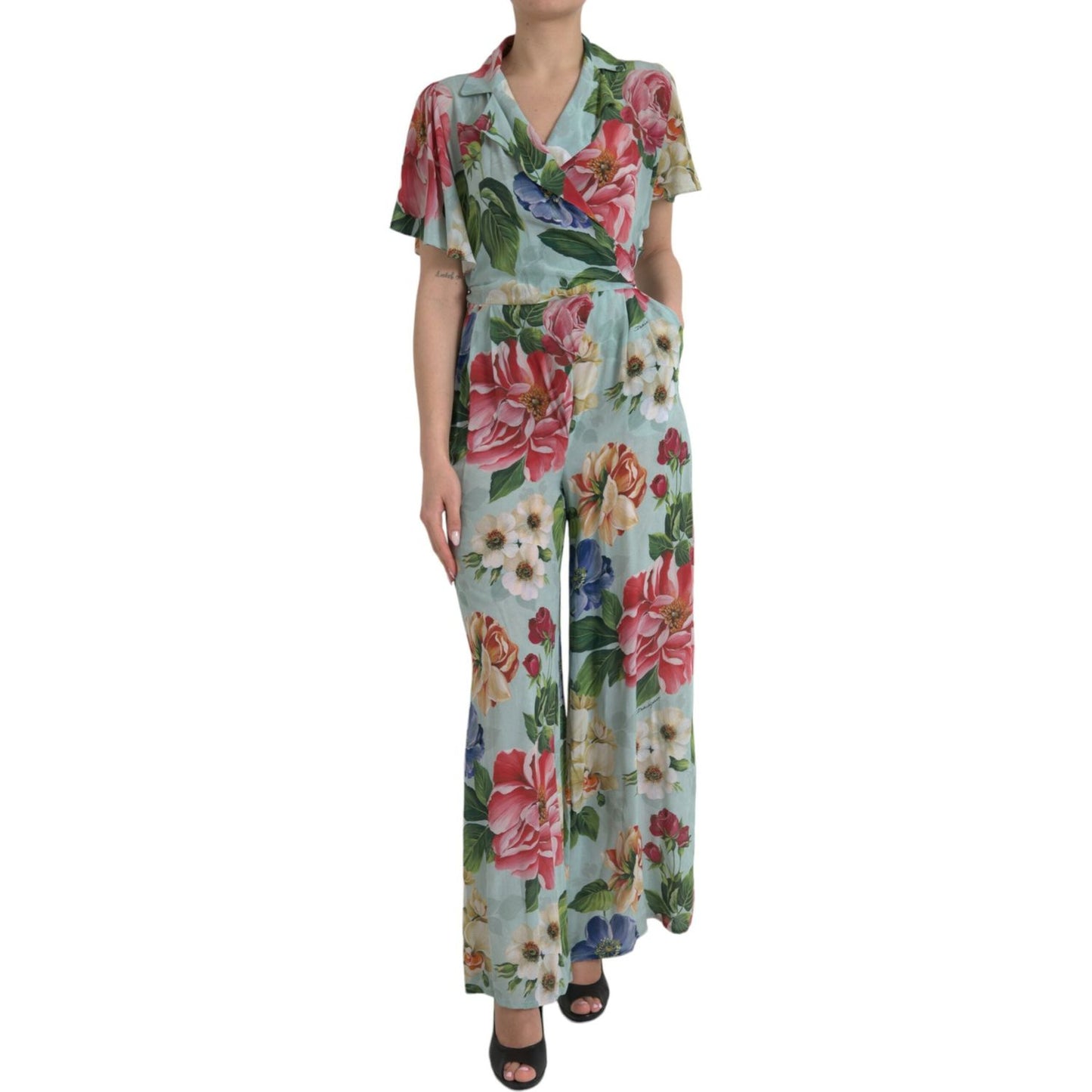 Dolce & Gabbana Blue Floral Wide Leg Wrap Jumpsuit Dress DR281150-36